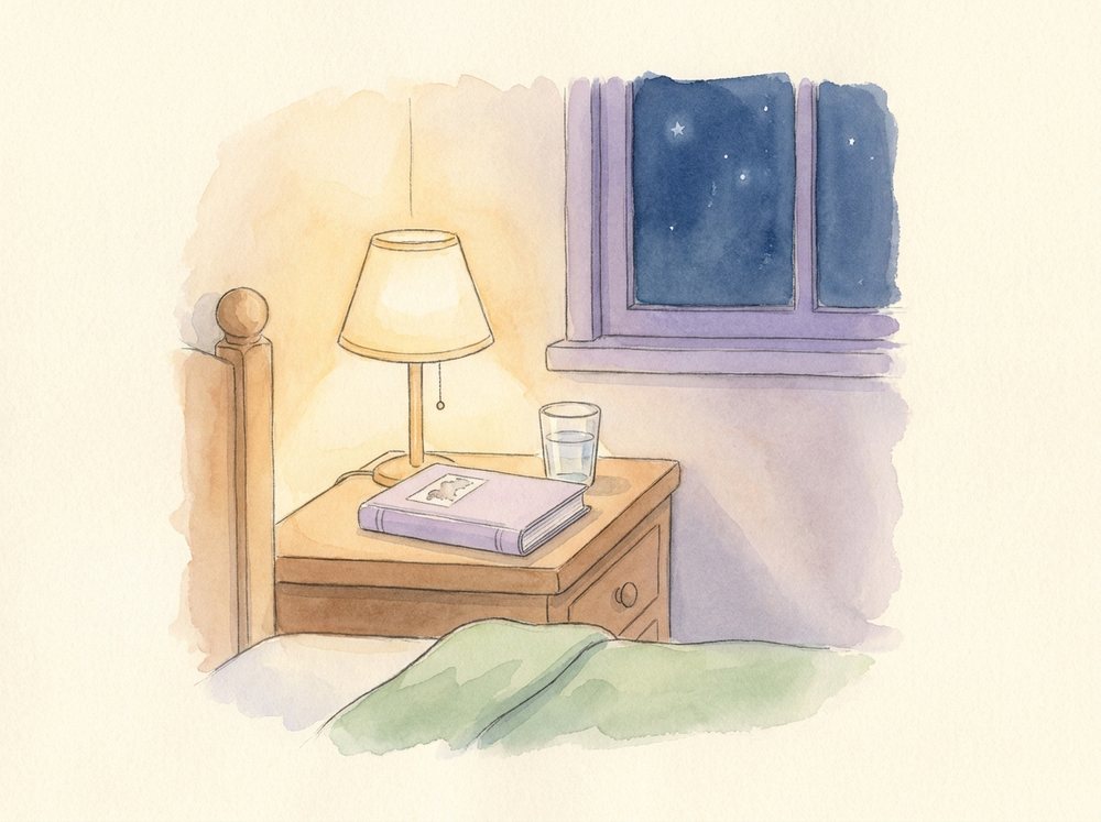 Aquarell: ein Nachttisch bei Nacht mit brennender Leselampe, zugeklapptem Bilderbuch und einem Glas Wasser, dahinter der Sternenhimmel im Fenster.