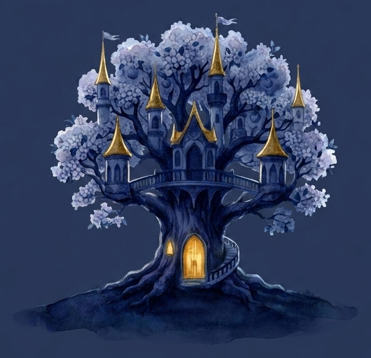 Aquarell: das Apfelbaumschloss bei Nacht – ein alter Baum, in dessen Krone Türme mit goldenen Dächern stehen, das Tor im Stamm ist erleuchtet.