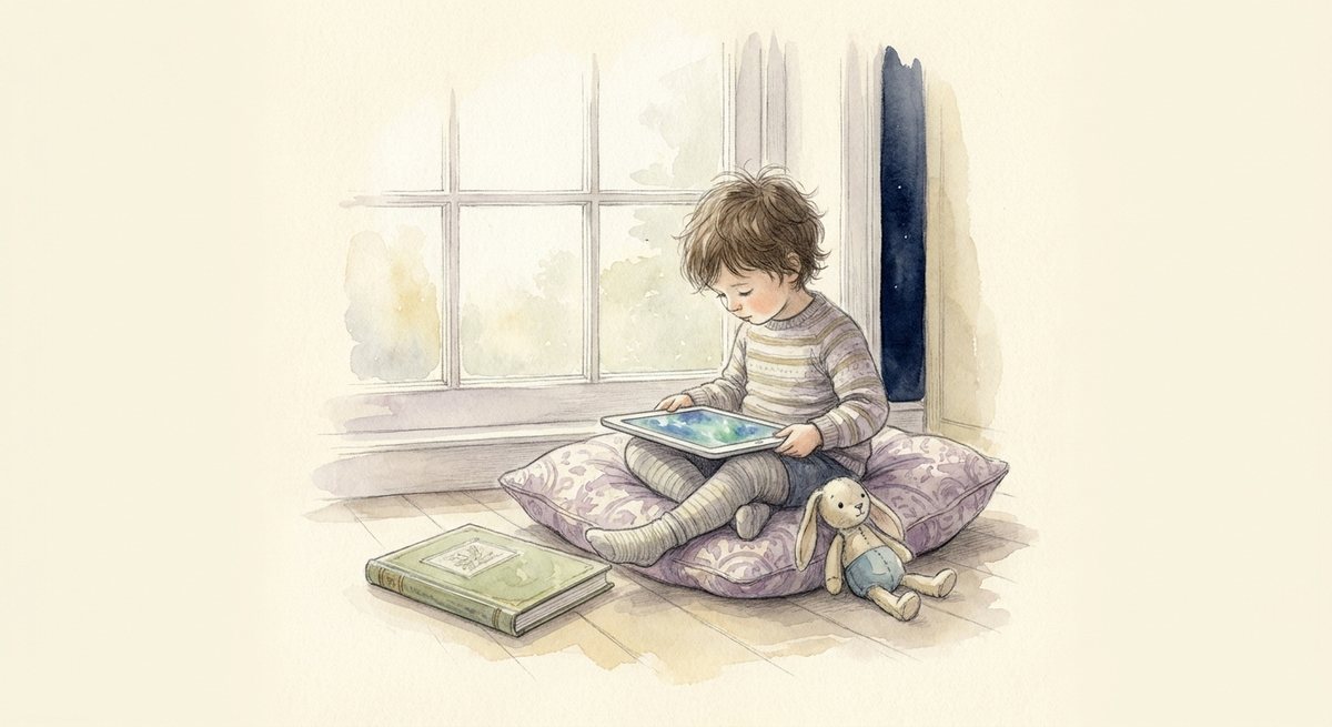 Aquarell: Ein Kind sitzt auf einem Kissen am Fenster und schaut ruhig auf ein Tablet, daneben liegen ein Bilderbuch und ein Stoffhase.