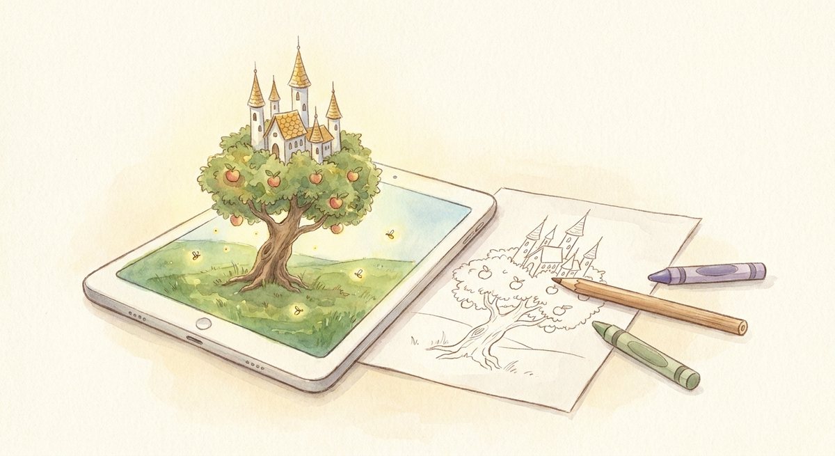 Aquarell: Auf einem Tablet leuchtet das Apfelbaumschloss, daneben liegt derselbe Baum als Ausmalbogen mit Buntstiften.