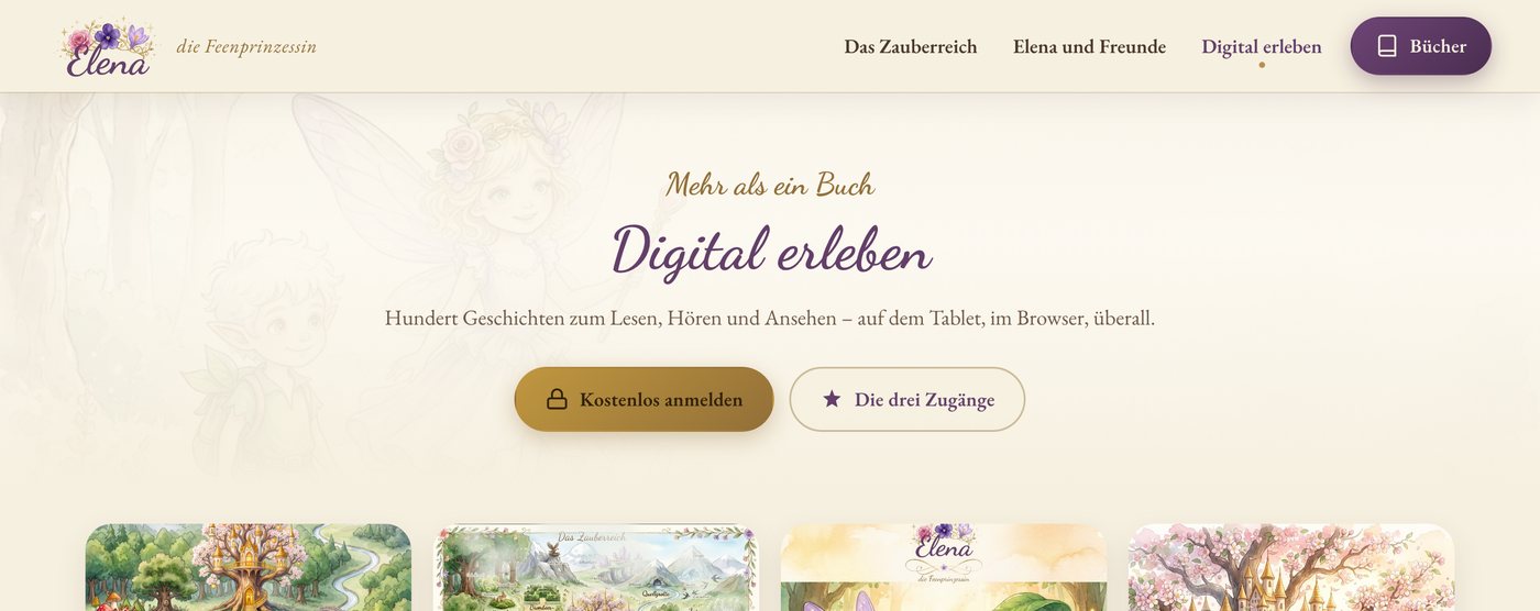 Bildschirmfoto von elena.zauberreich.com: die Seite „Digital erleben“ mit den Kacheln Apfelbaumschloss, Landkarte, Zum Anhören und Zum Ansehen.