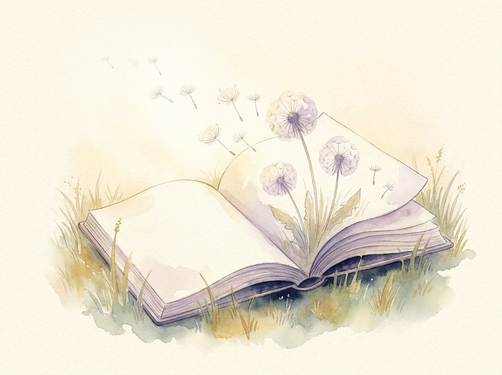 Aquarell: ein aufgeschlagenes Bilderbuch liegt im Gras, von der Seite steigen Pusteblumenschirmchen auf und treiben davon.