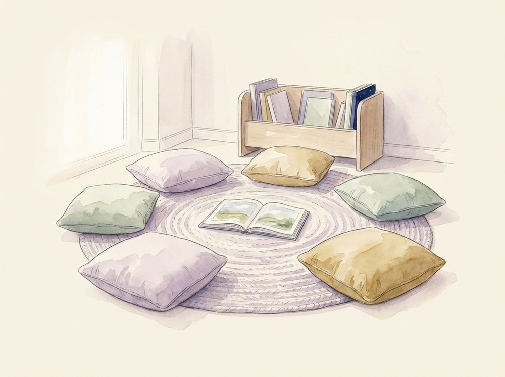 Aquarell: ein Vorlesekreis im Kindergarten – sechs Sitzkissen im Halbkreis auf einem Teppich, in der Mitte ein aufgeschlagenes Bilderbuch, dahinter ein niedriges Bücherregal.