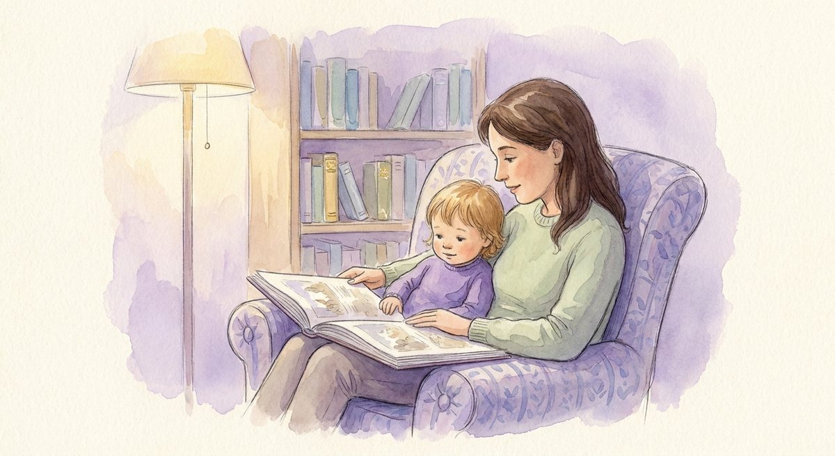 Aquarell: Eine erwachsene Person liest einem Kind auf dem Sessel aus einem Bilderbuch vor, dahinter ein Bücherregal.