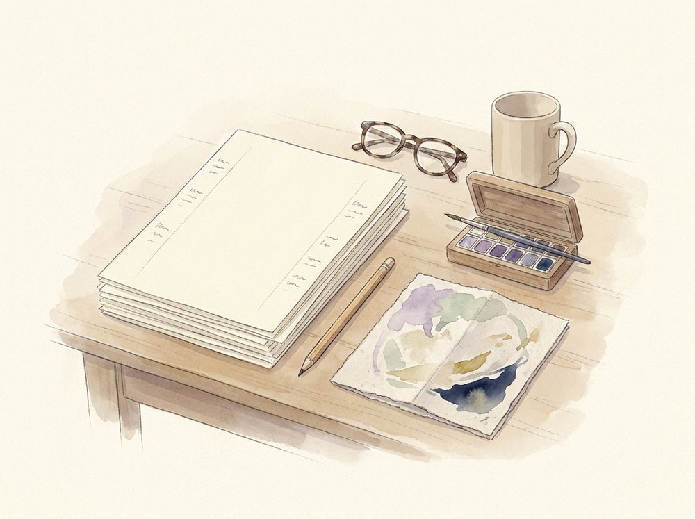 Aquarell: ein Arbeitstisch mit einem Stapel Manuskriptseiten, Bleistift, offenem Aquarellkasten, Umschlagandruck, Lesebrille und einer Tasse.