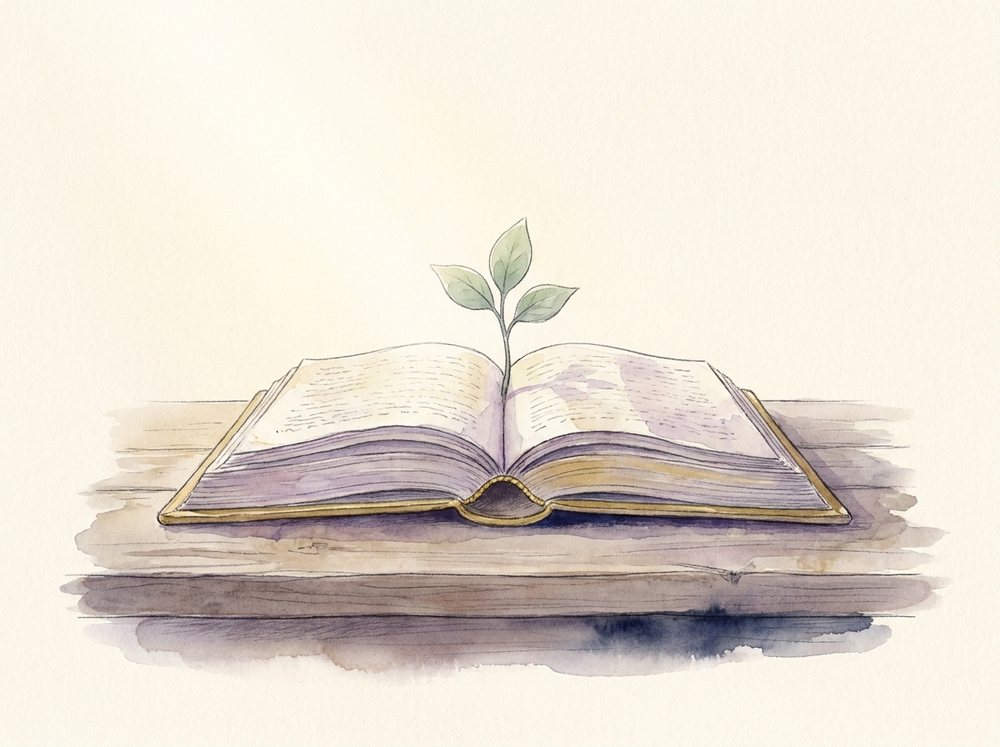 Aquarell: ein aufgeschlagenes Buch auf einem Holztisch, aus dessen Seiten ein kleiner grüner Keimling mit wenigen Blättern wächst.