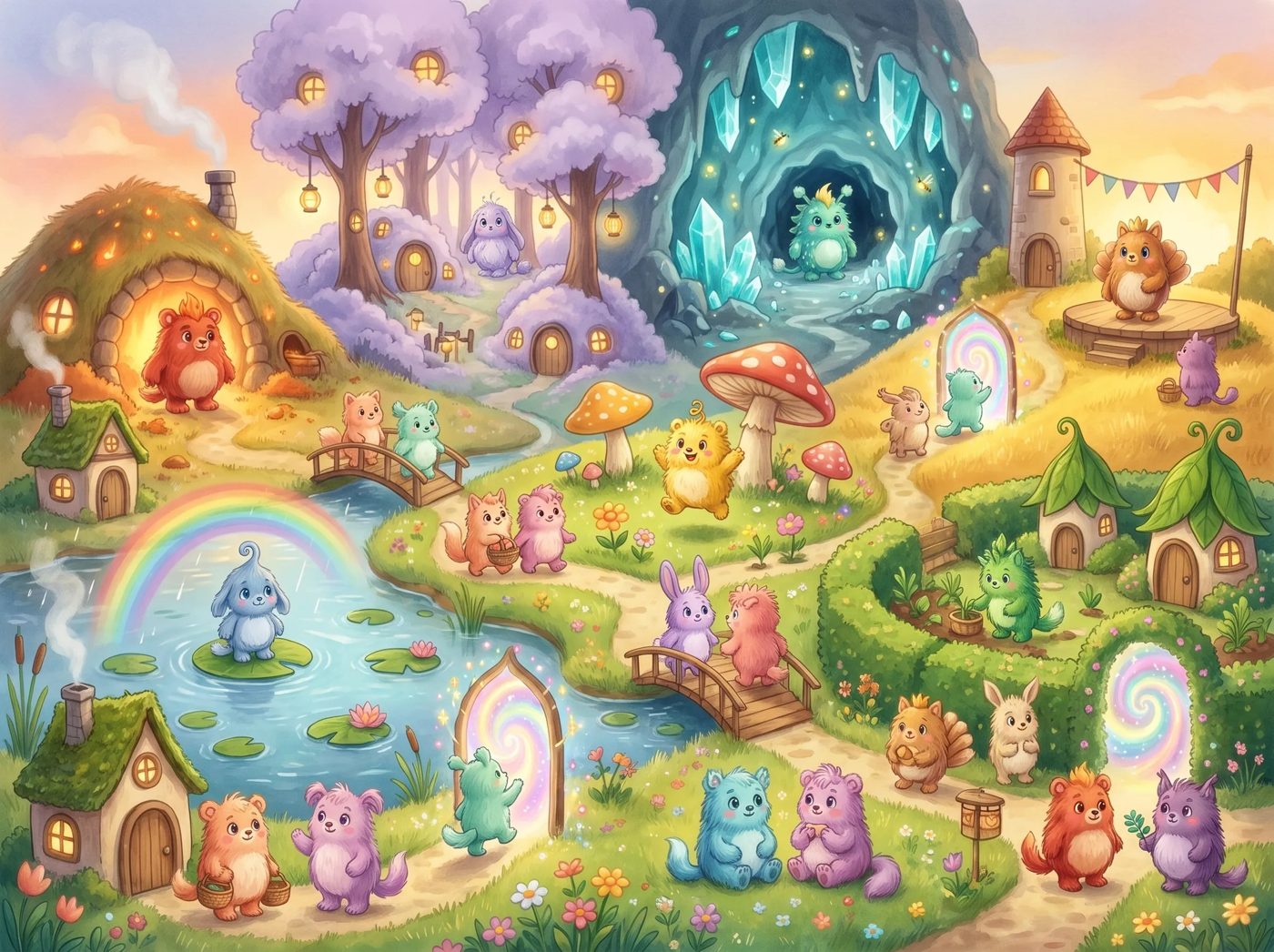 Wuseltopia im Abendlicht: der Glutenhügel, der Wolkenwald, der Regenbogensee, die Hüpfpilzwiese und viele bunte Wuselwichte auf Wegen und Brücken.